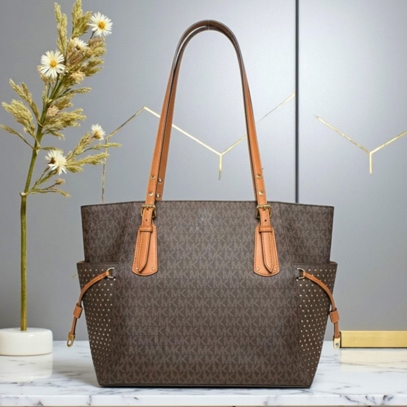 Michael by Michael Kors Voyager Small Logo Tote 2‑Tone Brown Star Side Pockets - Picture 5 of 16
